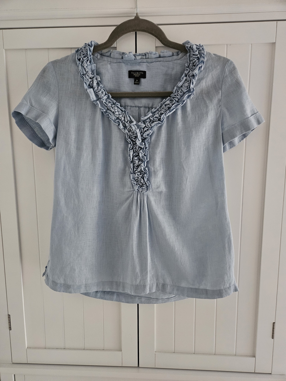 Talbots Light Blue Ruffle V-Neck Short Sleeve Linen Top